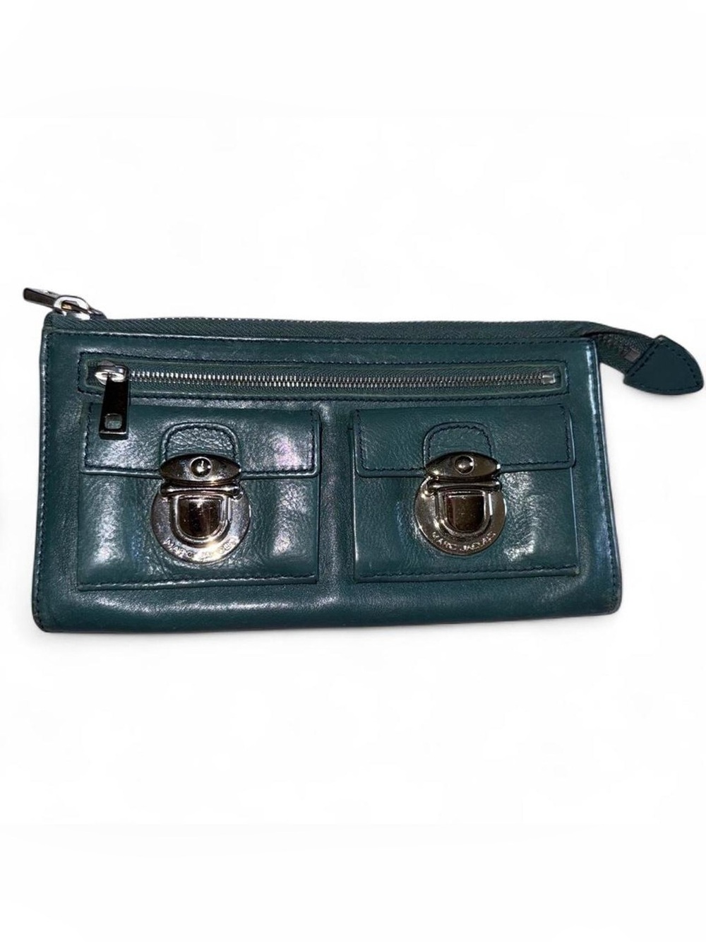 Marc Jacobs Teal Leather Wristlet Clutch with Front Pocket Locks